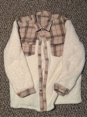 Cozy Cream Sherpa Shacket with Plaid Accents